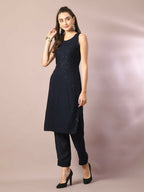 Myshka Women's Navy Blue Embroidered Cotton Straight Party Kurta Set