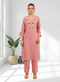 Joban Fashion Pink Linen Embroidered Readymade Long Kurta With Pant - Distacart