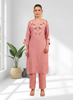 Joban Fashion Pink Linen Embroidered Readymade Long Kurta With Pant - Distacart