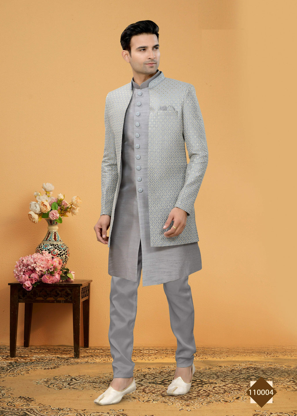 Joban Fashion Men's Grey Art Silk Plain Kurta Pyjama set