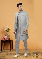 Joban Fashion Men's Grey Art Silk Plain Kurta Pyjama set