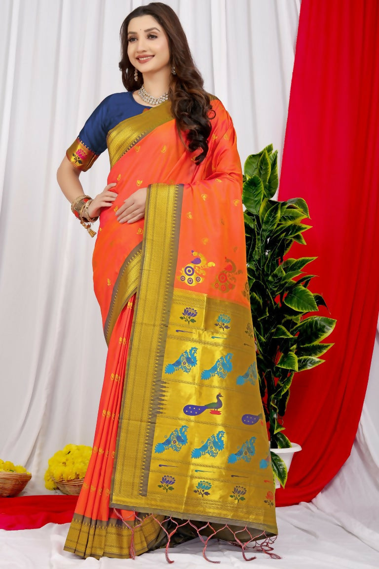 Jyoti Fashion Women's Orange Paithani Silk Zari Woven Saree with Blouse
