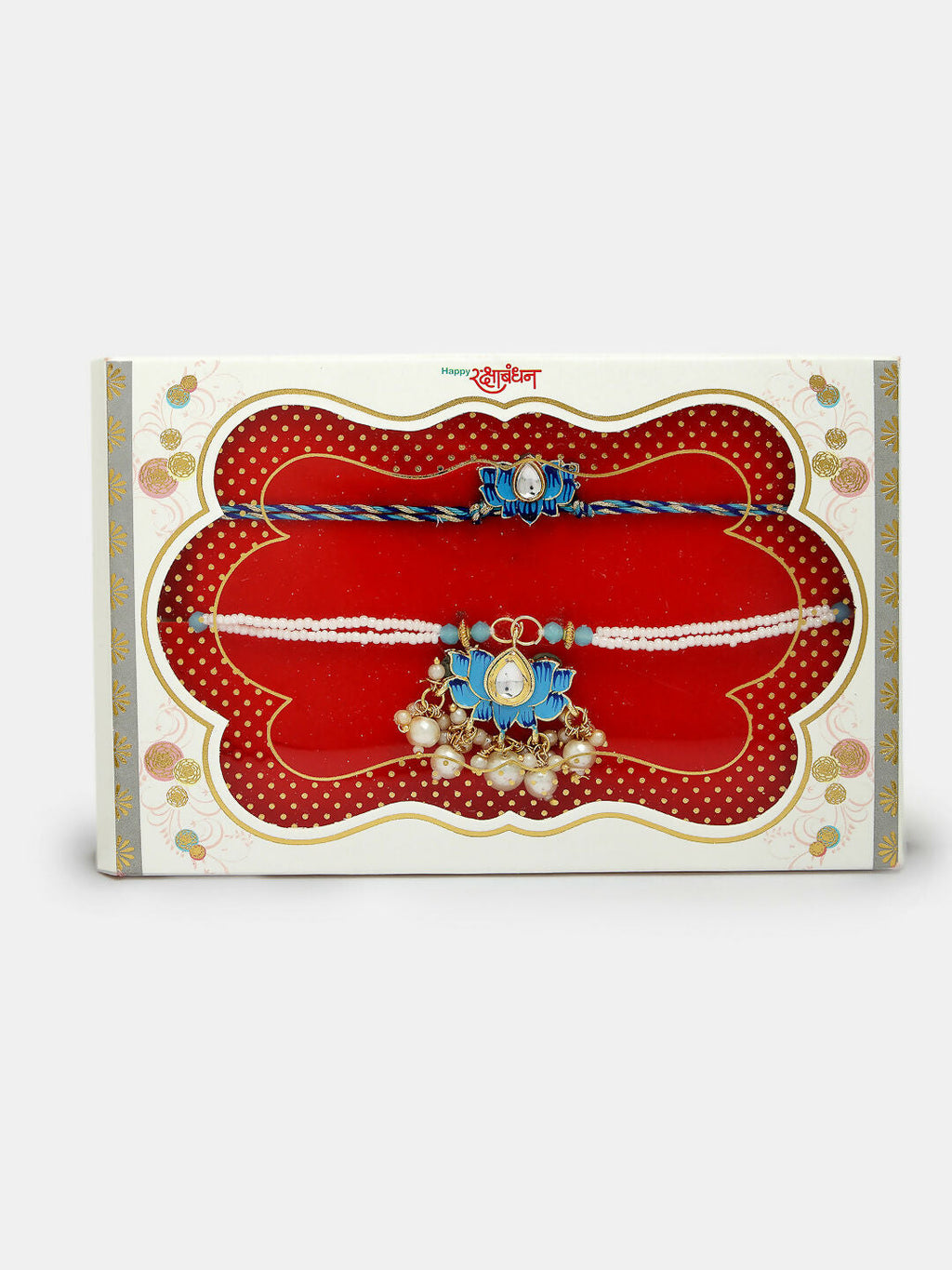 NVR Women & Men Set of 2 Blue Lotus Shape Kundan-Studded & Beaded Wraparound Rakhi Set With Roli Chawal & Chocolate - Distacart