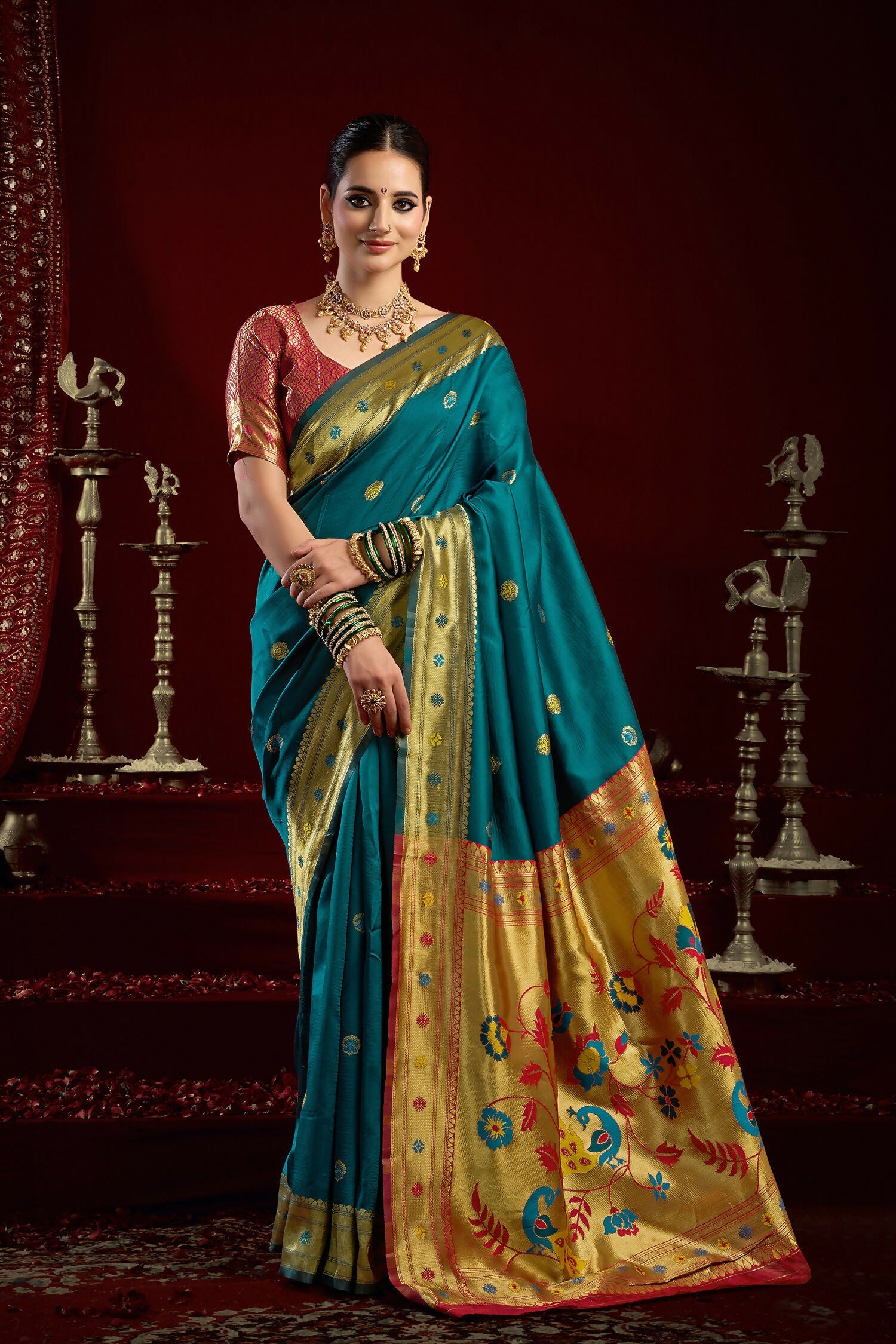 Joban Fashion Teal Paithani Silk Blend Butti Saree - Distacart
