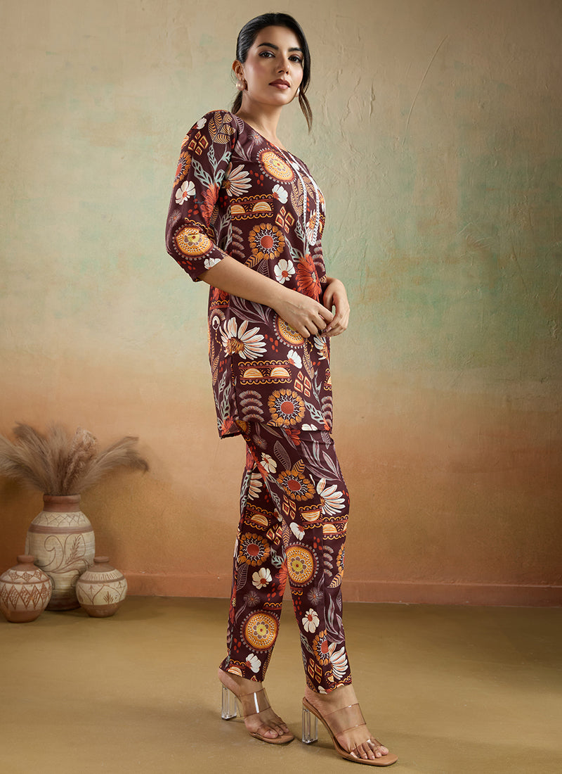 Prazu Fashion Brown Printed Cotton Reyon Festival Wear Co-Ord Set - Distacart