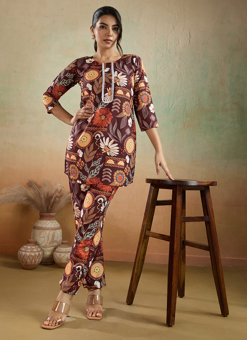 Prazu Fashion Brown Printed Cotton Reyon Festival Wear Co-Ord Set - Distacart