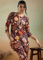 Prazu Fashion Brown Printed Cotton Reyon Festival Wear Co-Ord Set - Distacart
