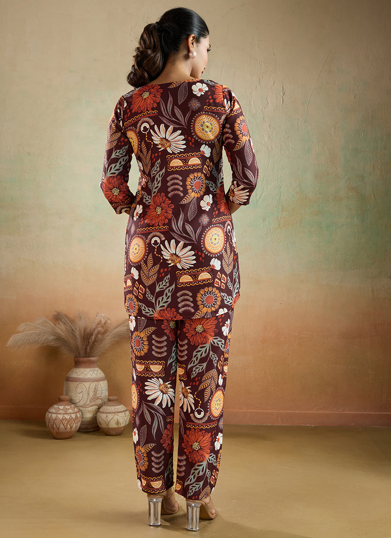 Prazu Fashion Brown Printed Cotton Reyon Festival Wear Co-Ord Set - Distacart
