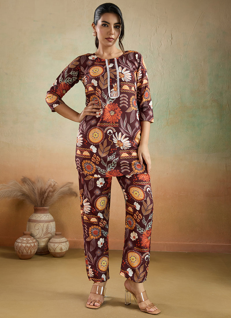 Prazu Fashion Brown Printed Cotton Reyon Festival Wear Co-Ord Set - Distacart