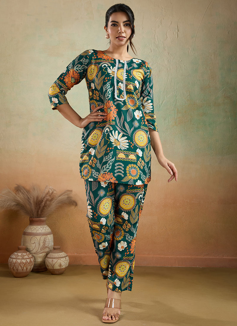 Prazu Fashion Green Printed Cotton Reyon Festival Wear Co-Ord Set - Distacart