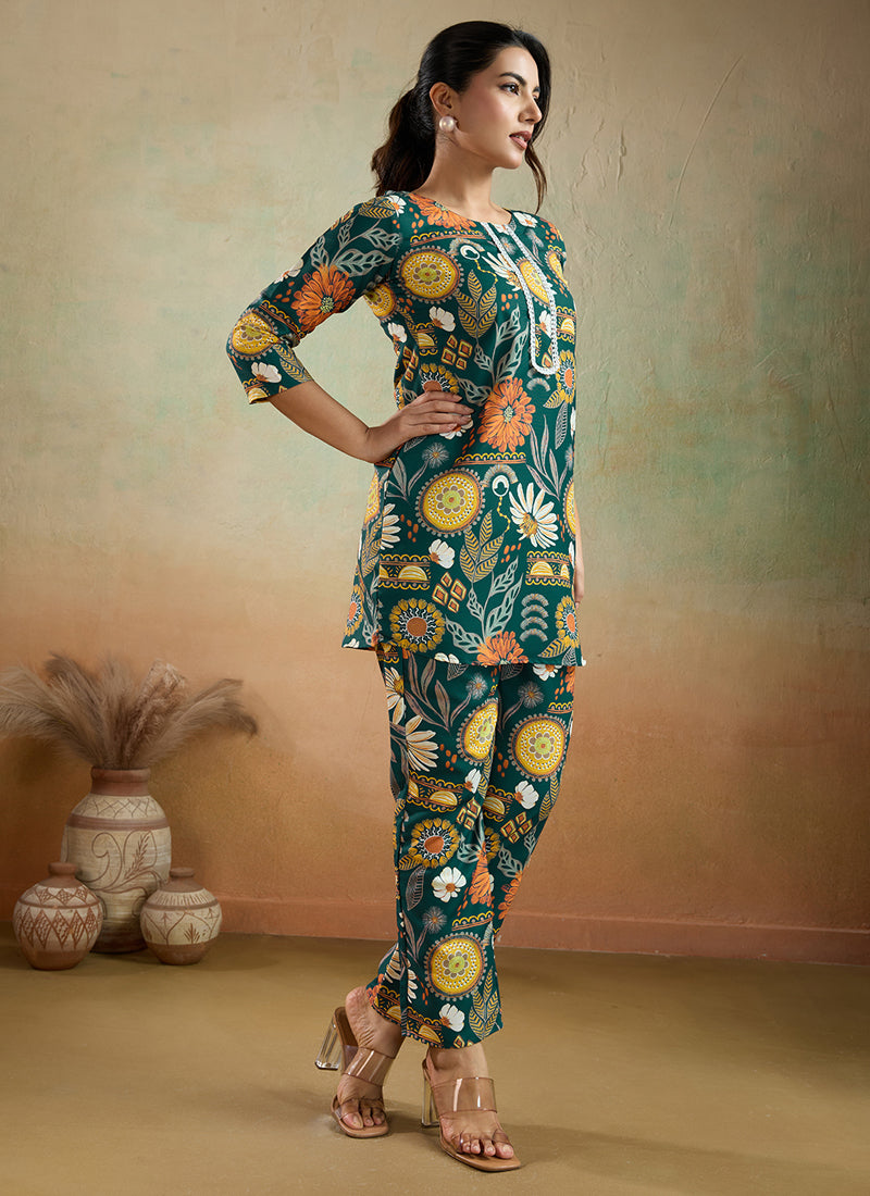 Prazu Fashion Green Printed Cotton Reyon Festival Wear Co-Ord Set - Distacart