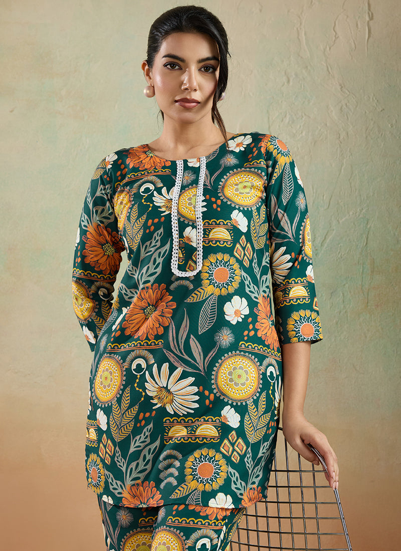 Prazu Fashion Green Printed Cotton Reyon Festival Wear Co-Ord Set - Distacart