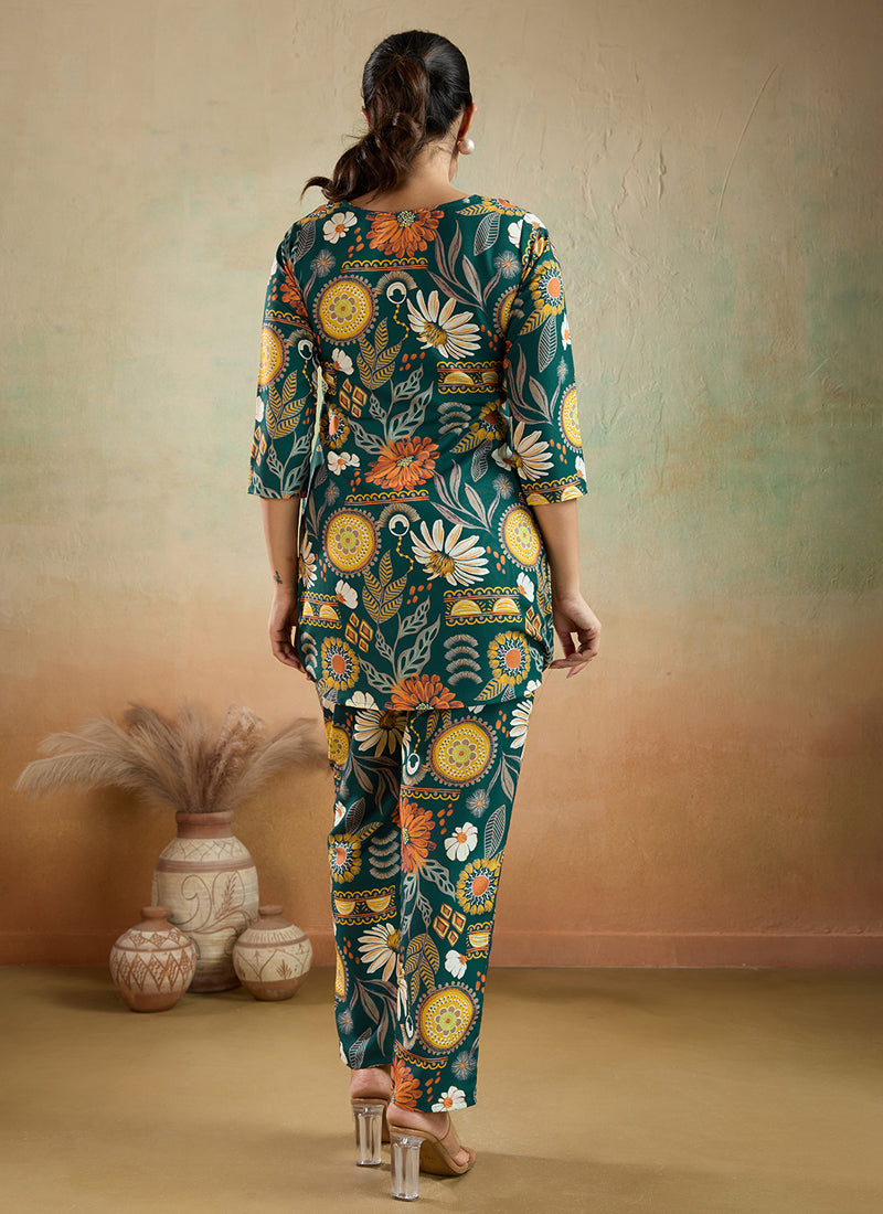 Prazu Fashion Green Printed Cotton Reyon Festival Wear Co-Ord Set - Distacart