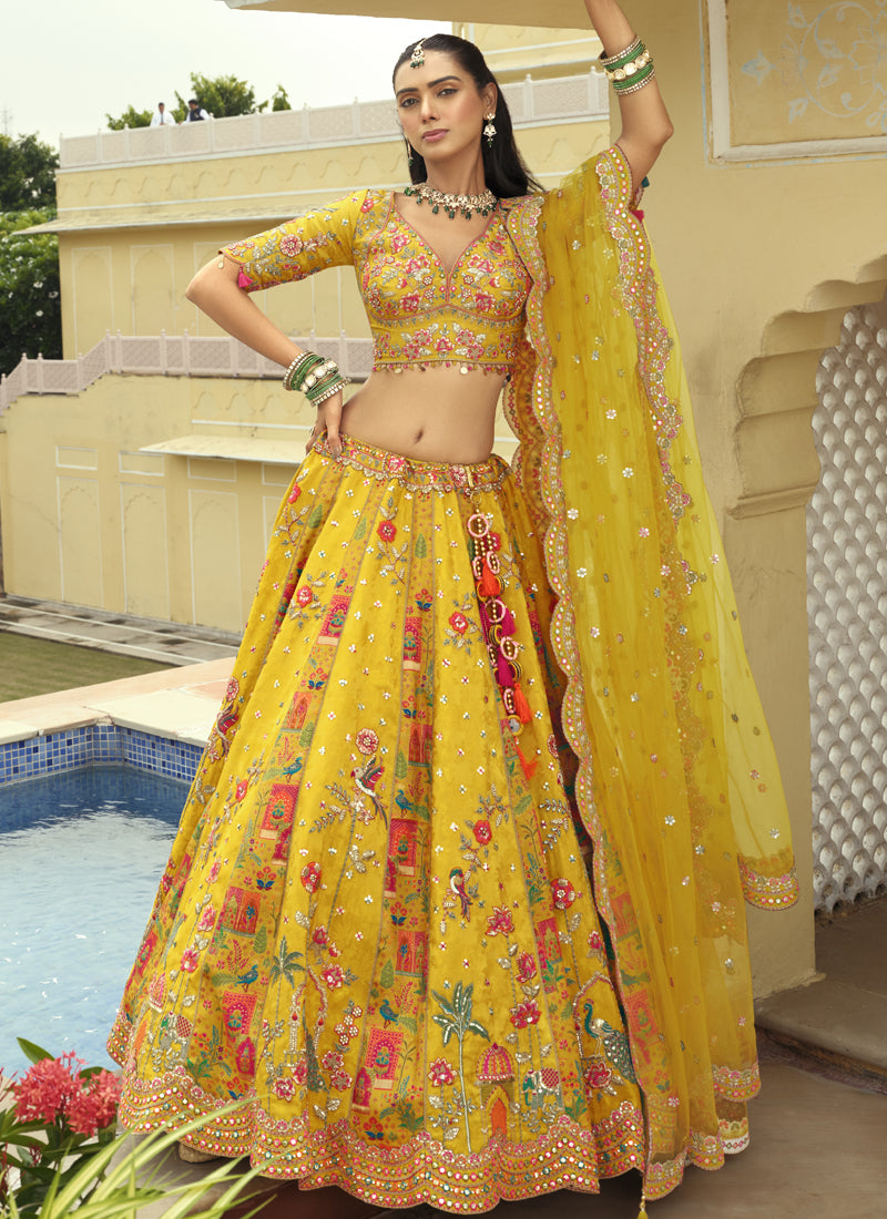 Vegaa Fashion Yellow Silk Embroidered & Art Mirror Work Wedding Wear Lehenga Choli - Distacart