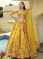 Vegaa Fashion Yellow Silk Embroidered & Art Mirror Work Wedding Wear Lehenga Choli - Distacart
