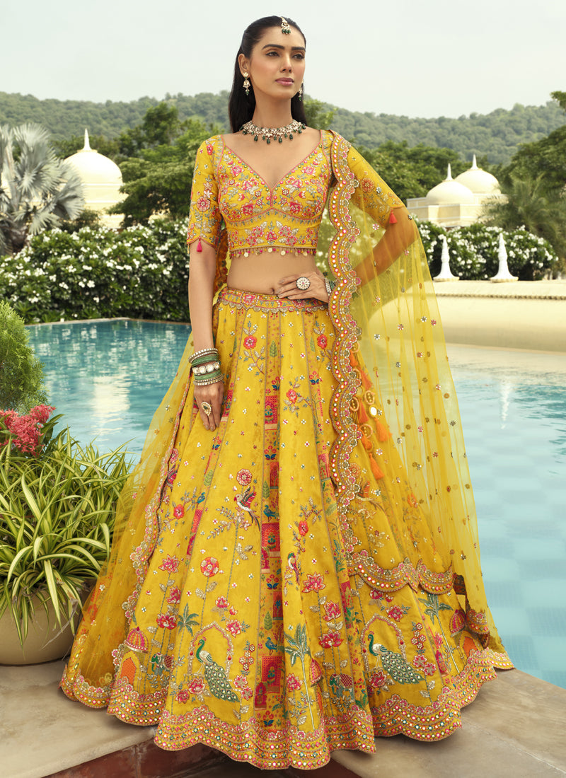 Vegaa Fashion Yellow Silk Embroidered & Art Mirror Work Wedding Wear Lehenga Choli - Distacart
