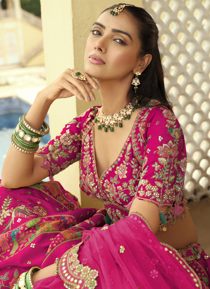 Vegaa Fashion Rani Pink Silk Embroidered & Art Mirror Work Wedding Wear Lehenga Choli - Distacart