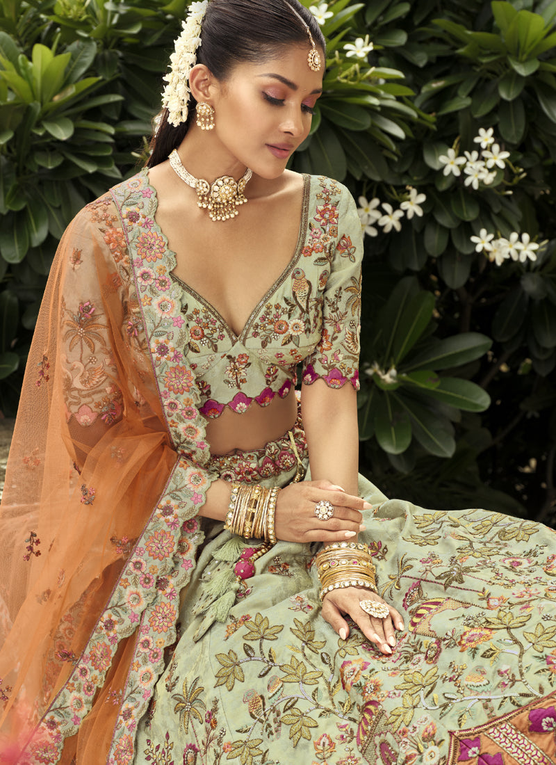 Vegaa Fashion Sea Green Silk Embroidered & Art Mirror Work Wedding Wear Lehenga Choli