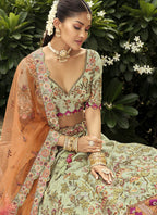 Vegaa Fashion Sea Green Silk Embroidered & Art Mirror Work Wedding Wear Lehenga Choli