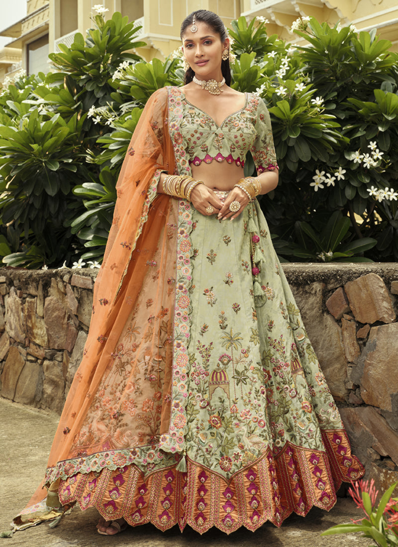 Vegaa Fashion Sea Green Silk Embroidered & Art Mirror Work Wedding Wear Lehenga Choli