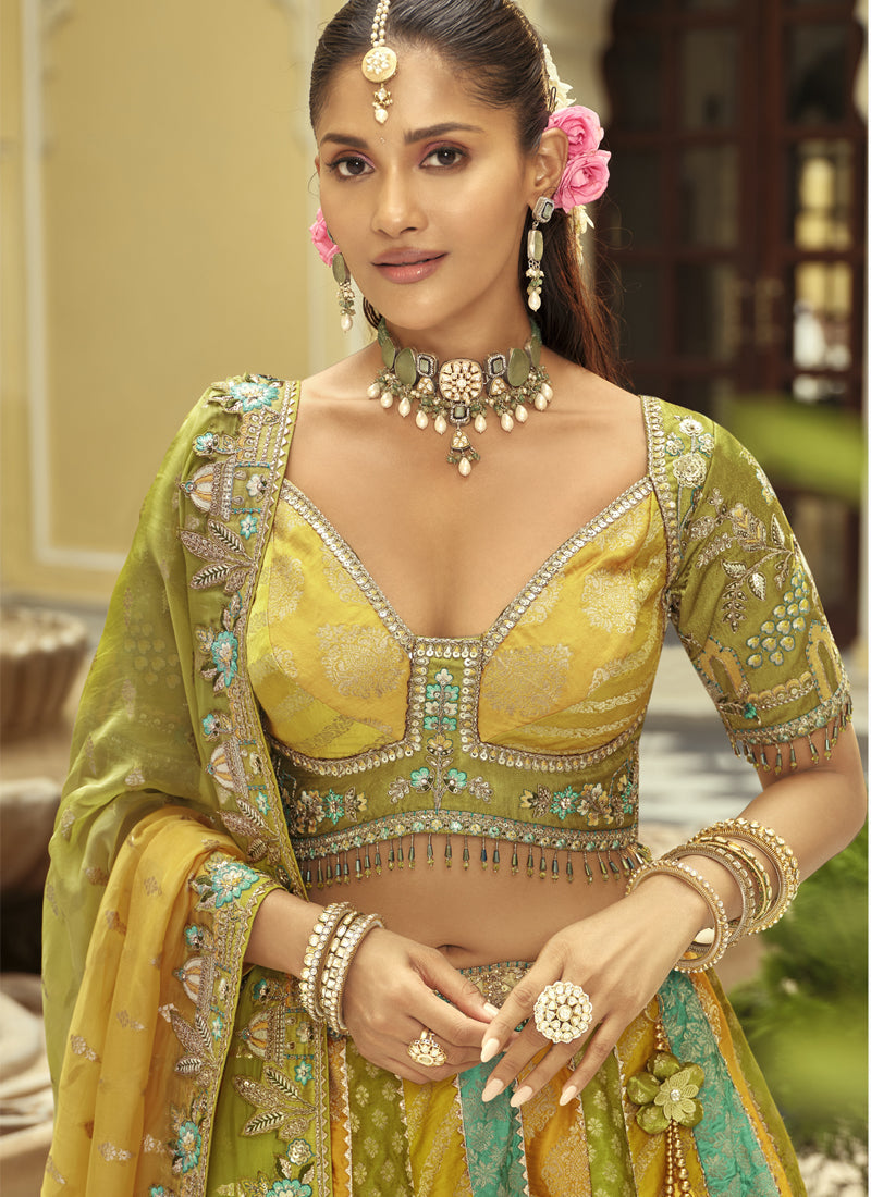 Vegaa Fashion Yellow Silk Embroidered & Art Mirror Work Wedding Wear Lehenga Choli - Distacart