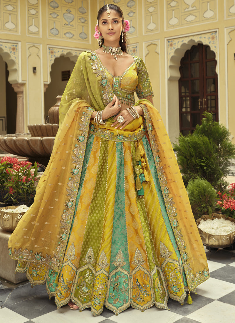 Vegaa Fashion Yellow Silk Embroidered & Art Mirror Work Wedding Wear Lehenga Choli - Distacart