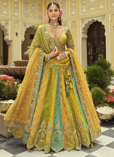 Vegaa Fashion Yellow Silk Embroidered & Art Mirror Work Wedding Wear Lehenga Choli