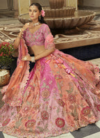 Vegaa Fashion Peach Silk Embroidered & Art Mirror Work Wedding Wear Lehenga Choli - Distacart