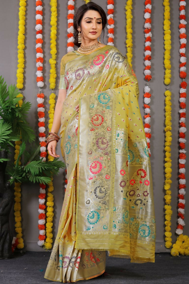 Jyoti Fashion Women's Mehndi Banarasi Silk Zari Woven Saree with Blouse