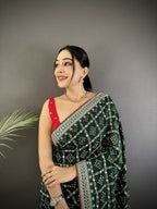 Joban Fashion Dark Green Bandhej Bandhani Vichitra Silk Bandhani Prints Saree - Distacart