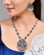 VOJ Silver Plated Oxidized Long Necklace with Earring Set
