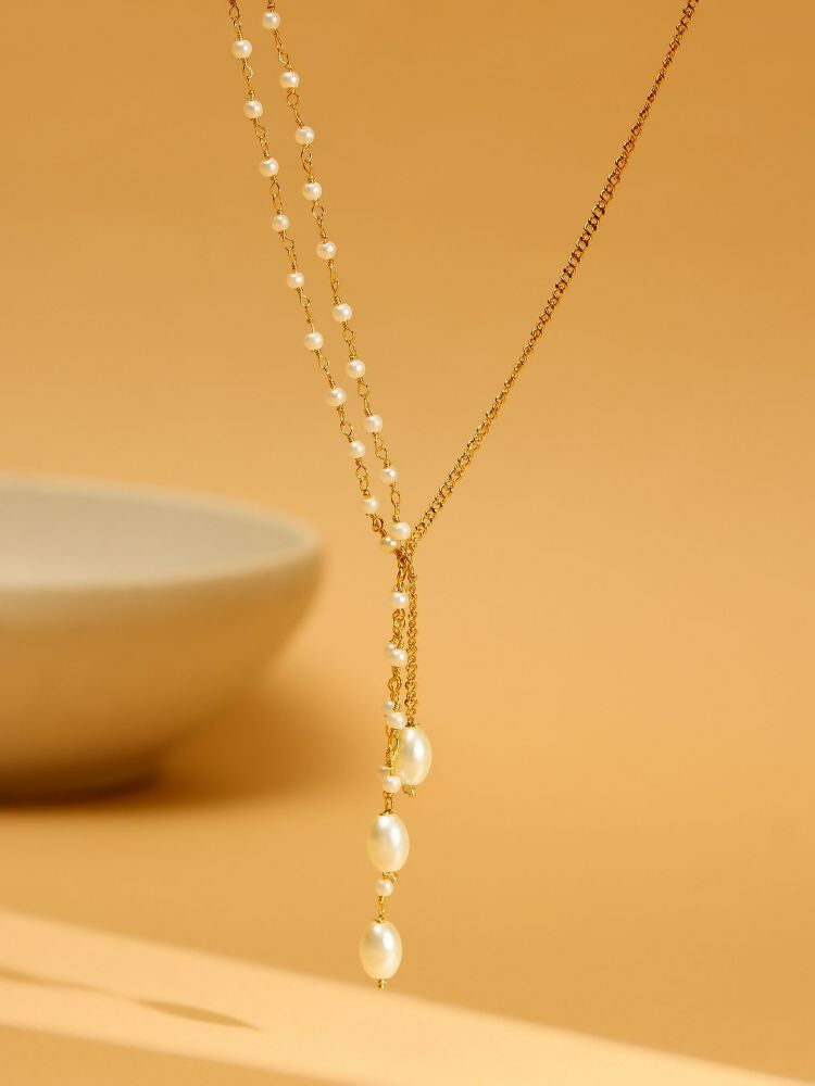 Beaded Pearl Drop One-Sided Layered Necklace - Ruby Raang