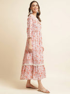 Orange Linen Floral Printed Fit & Flare Dress - Yukti - Distacart