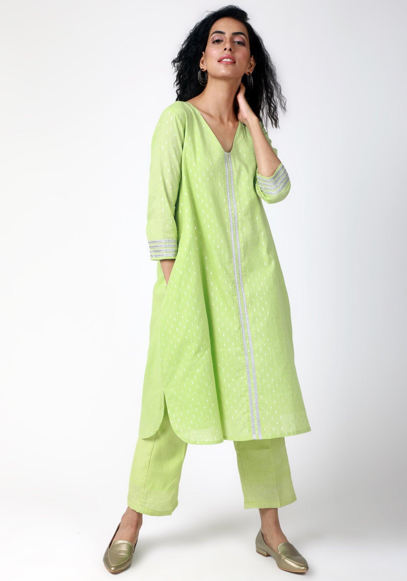 trueBrowns Green Silver Laced Kurta-Pant - Distacart