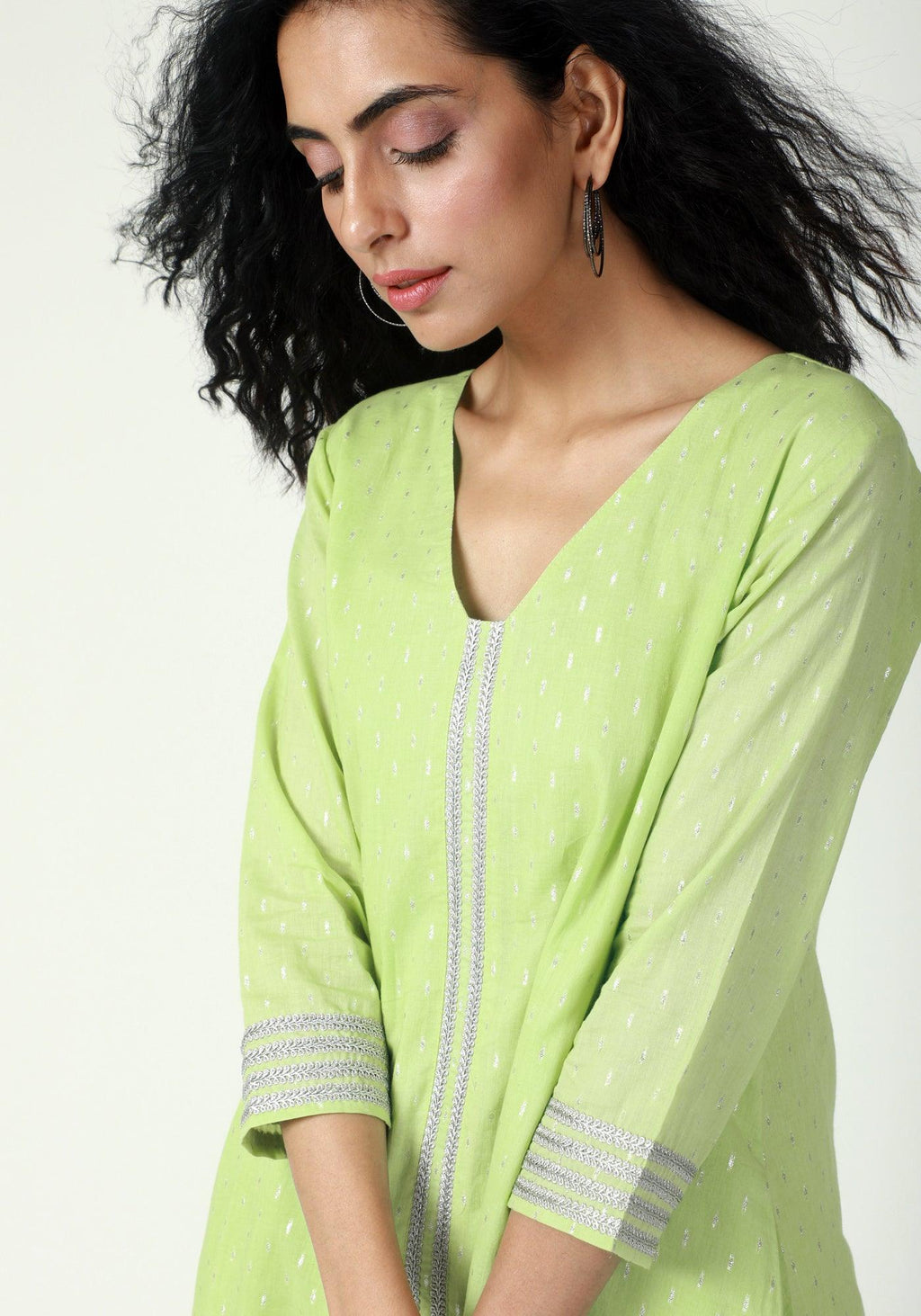 trueBrowns Green Silver Laced Kurta- Ruffled Pant - Distacart