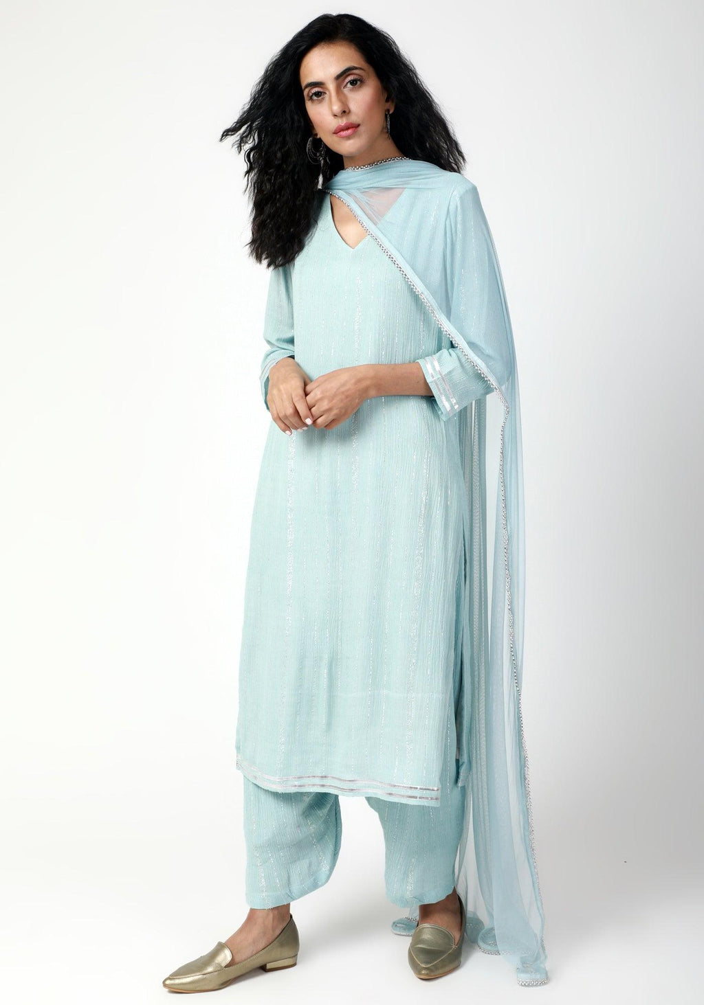 trueBrowns Blue Gota Slit Kurta-Ruffled Pant-Dupatta - Distacart
