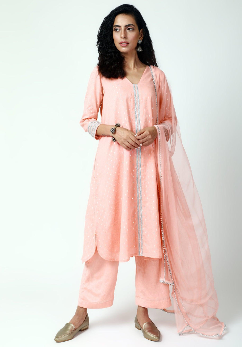 trueBrowns Peach Silver Laced Kurta-Pant-Dupatta - Distacart