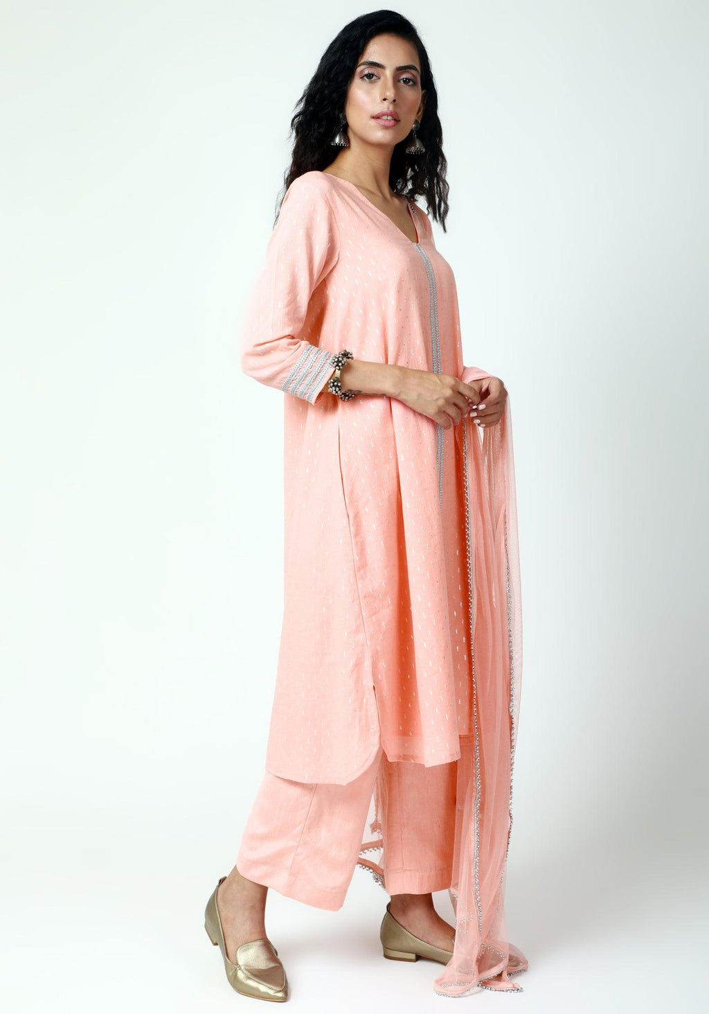 trueBrowns Peach Silver Laced Kurta-Pant-Dupatta - Distacart