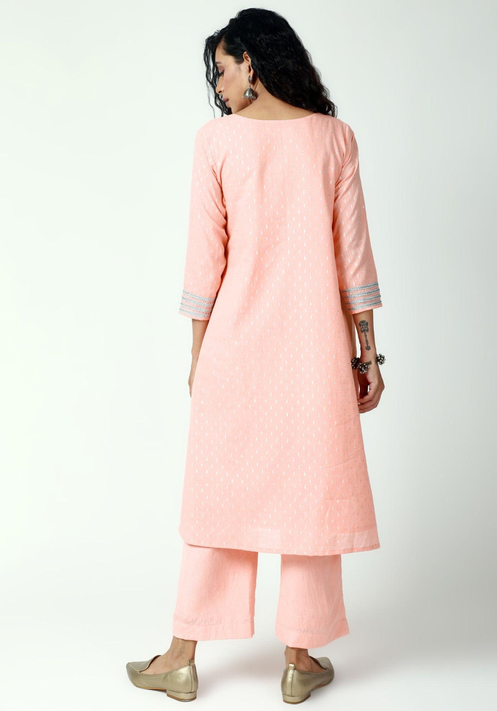 trueBrowns Peach Silver Laced Kurta-Pant-Dupatta - Distacart