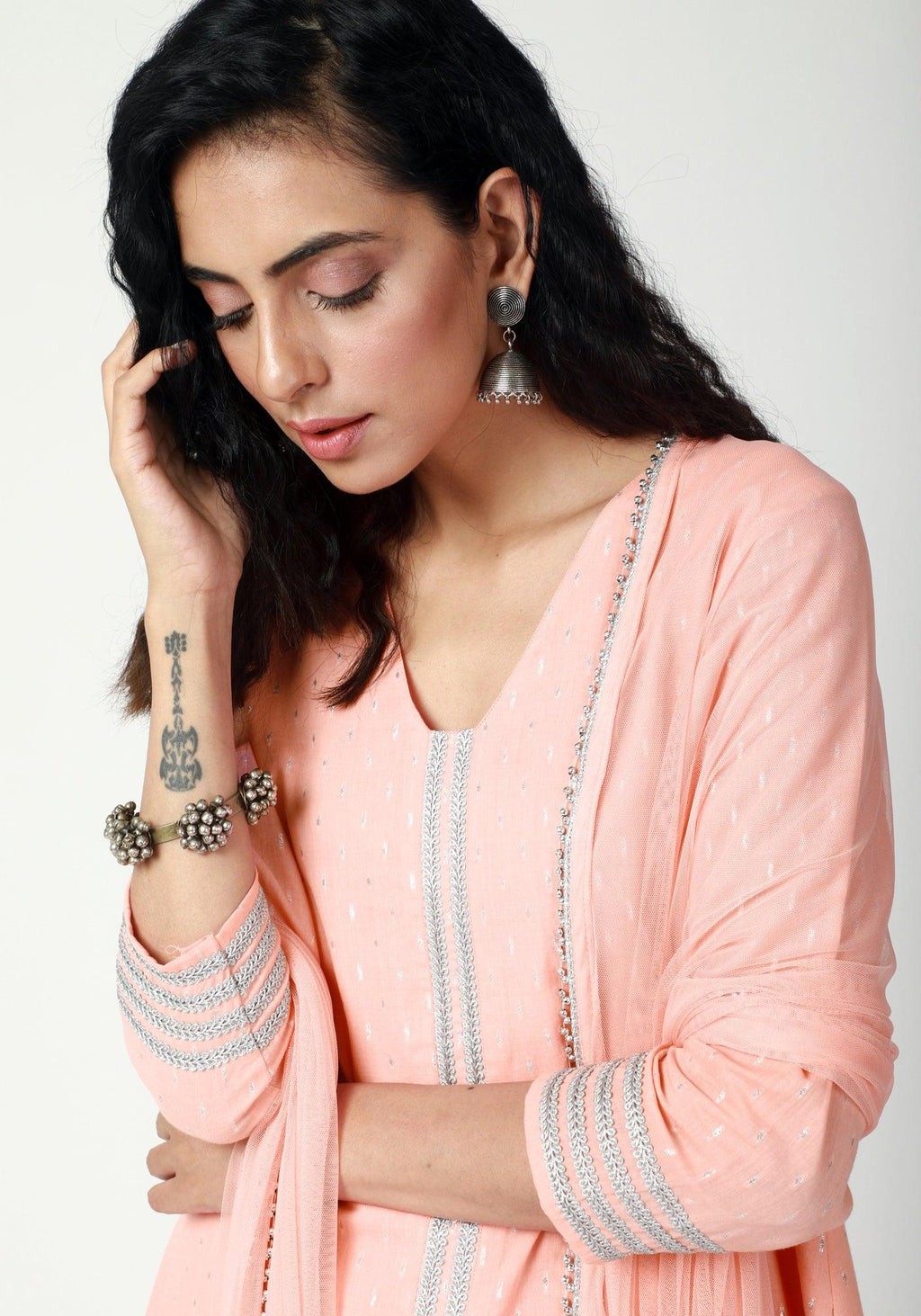 trueBrowns Peach Silver Laced Kurta-Pant-Dupatta - Distacart