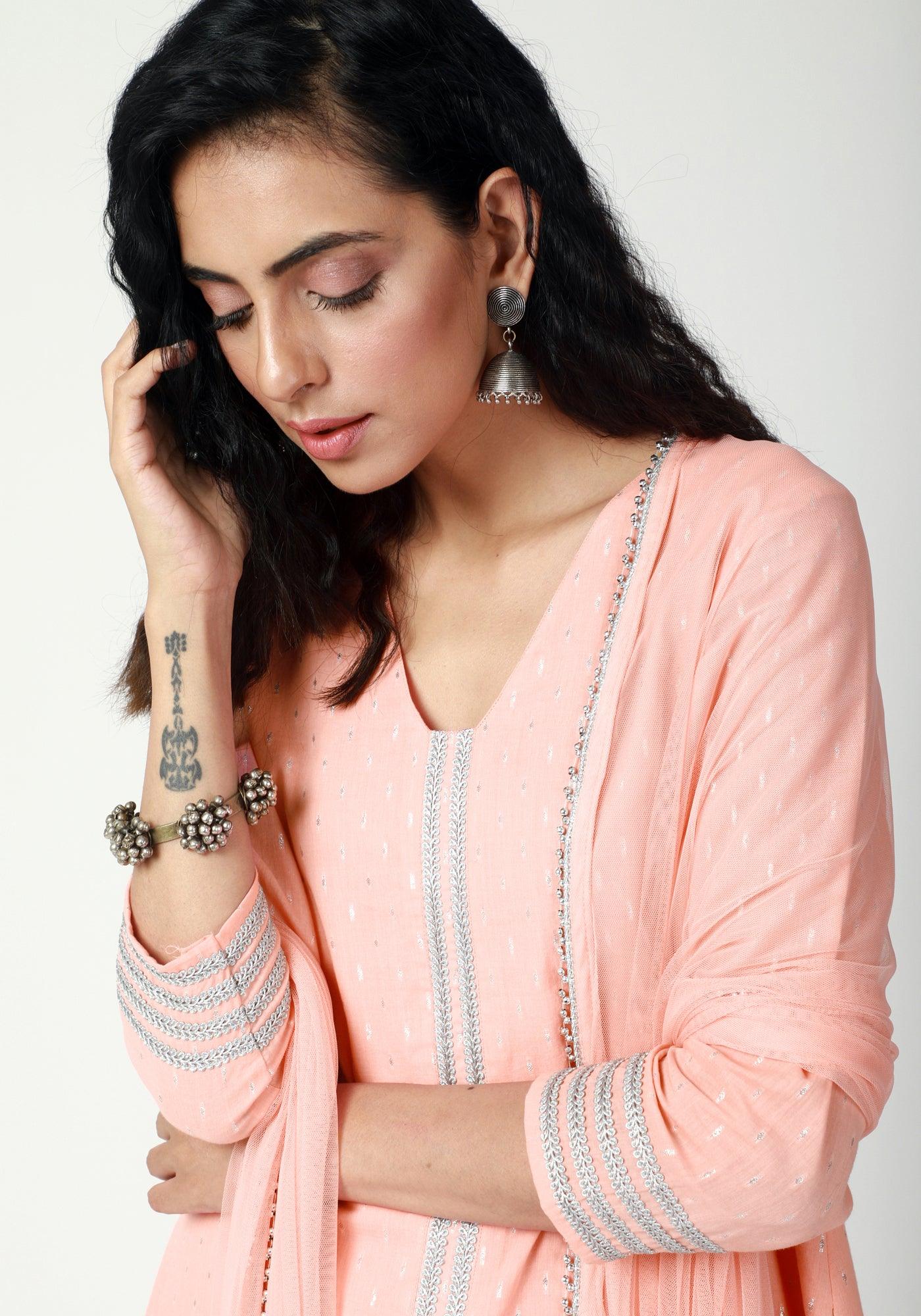 trueBrowns Peach Silver Laced Kurta-Pant-Dupatta - Distacart