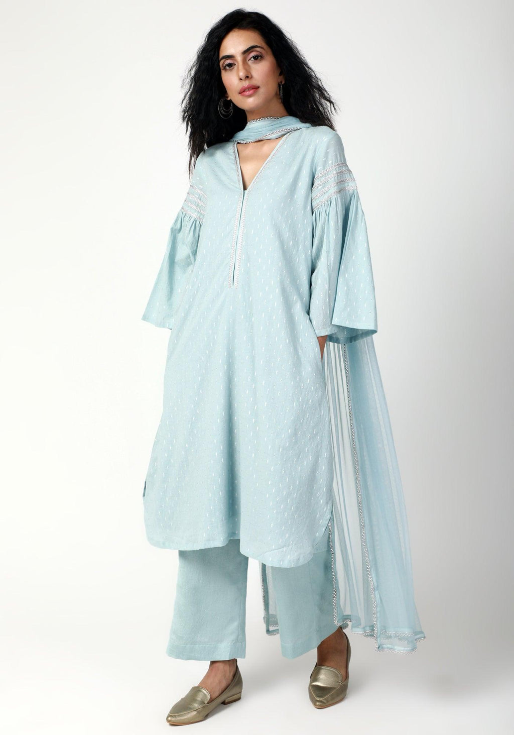 trueBrowns Blue Silver Laced Kurta-Pant-Dupatta - Distacart