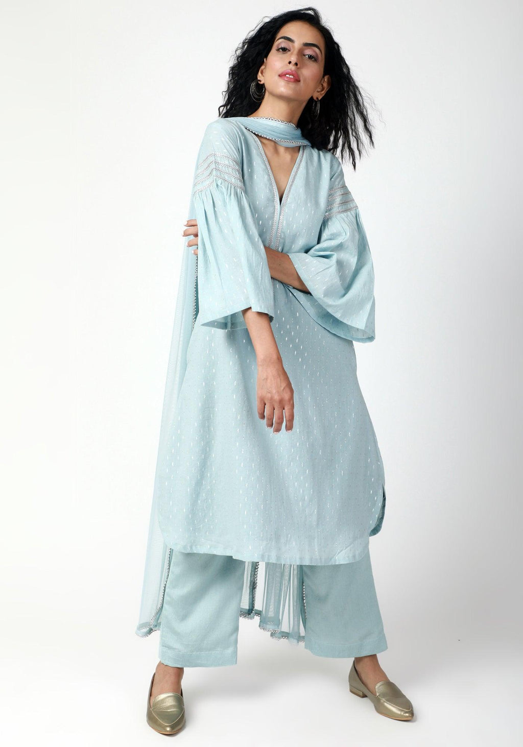 trueBrowns Blue Silver Laced Kurta-Pant-Dupatta - Distacart