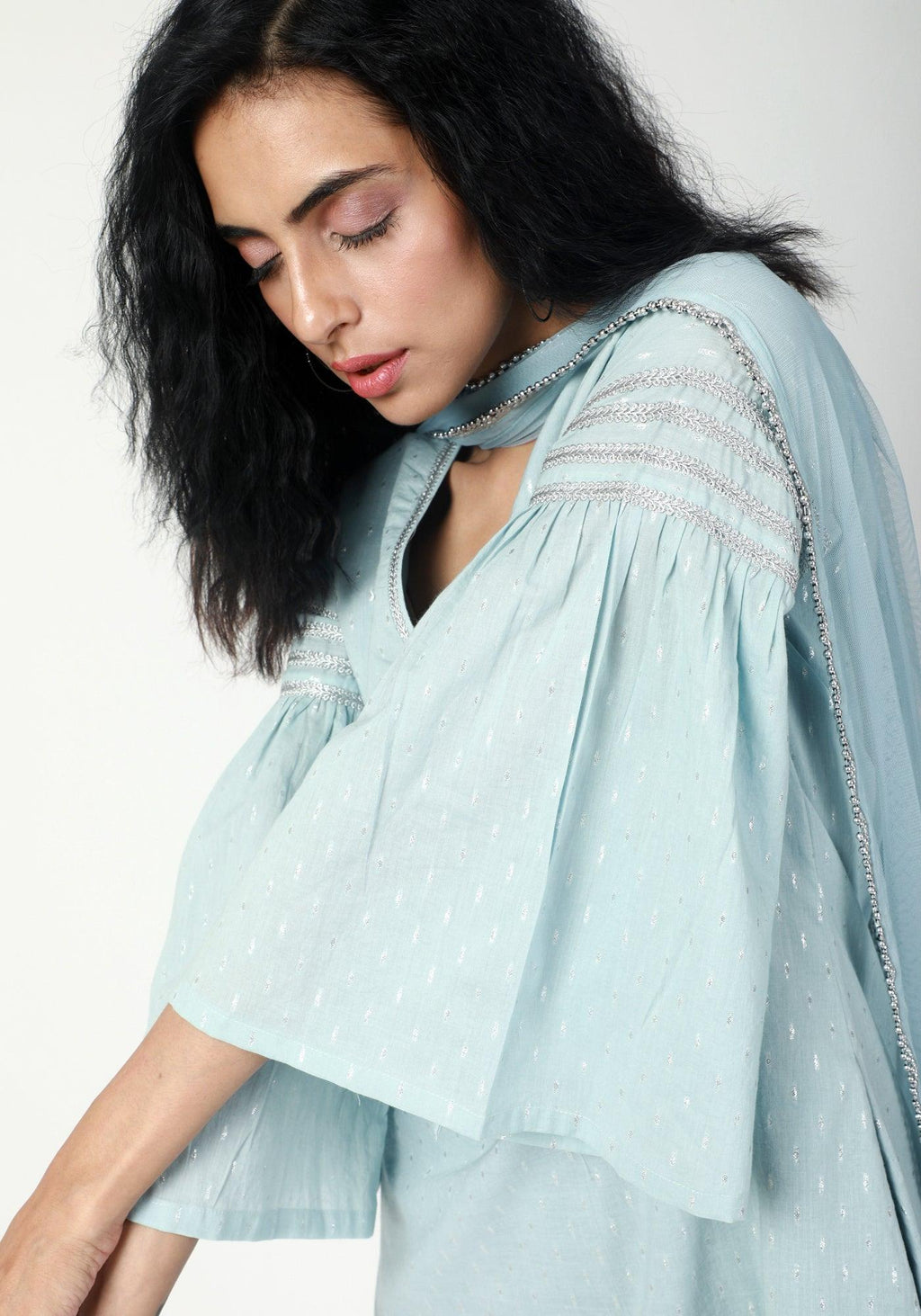 trueBrowns Blue Silver Laced Kurta-Pant-Dupatta - Distacart