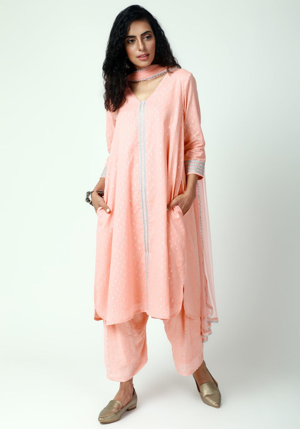 trueBrowns Peach Silver Laced Kurta- Ruffled Pant-Dupatta - Distacart