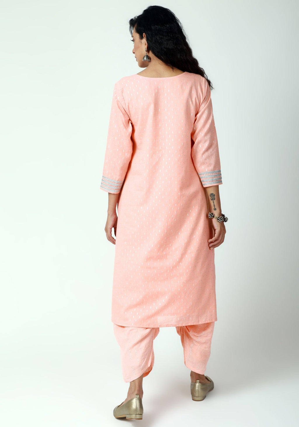 trueBrowns Peach Silver Laced Kurta- Ruffled Pant-Dupatta - Distacart