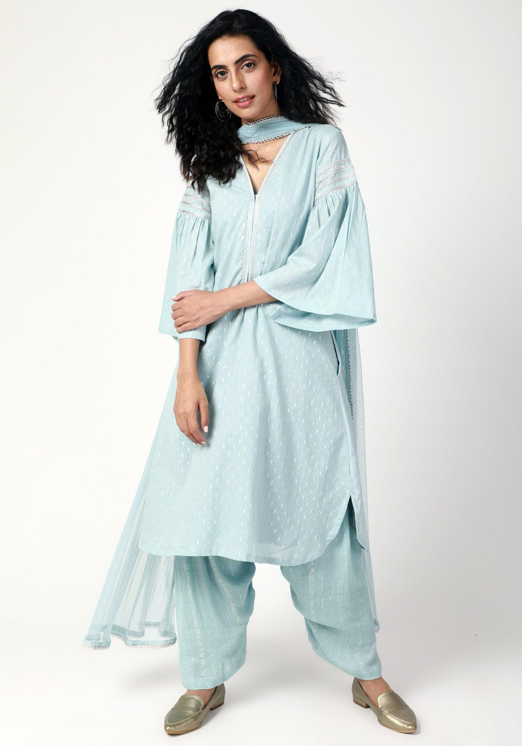 trueBrowns Blue Silver Laced Kurta- Ruffled Pant-Dupatta - Distacart