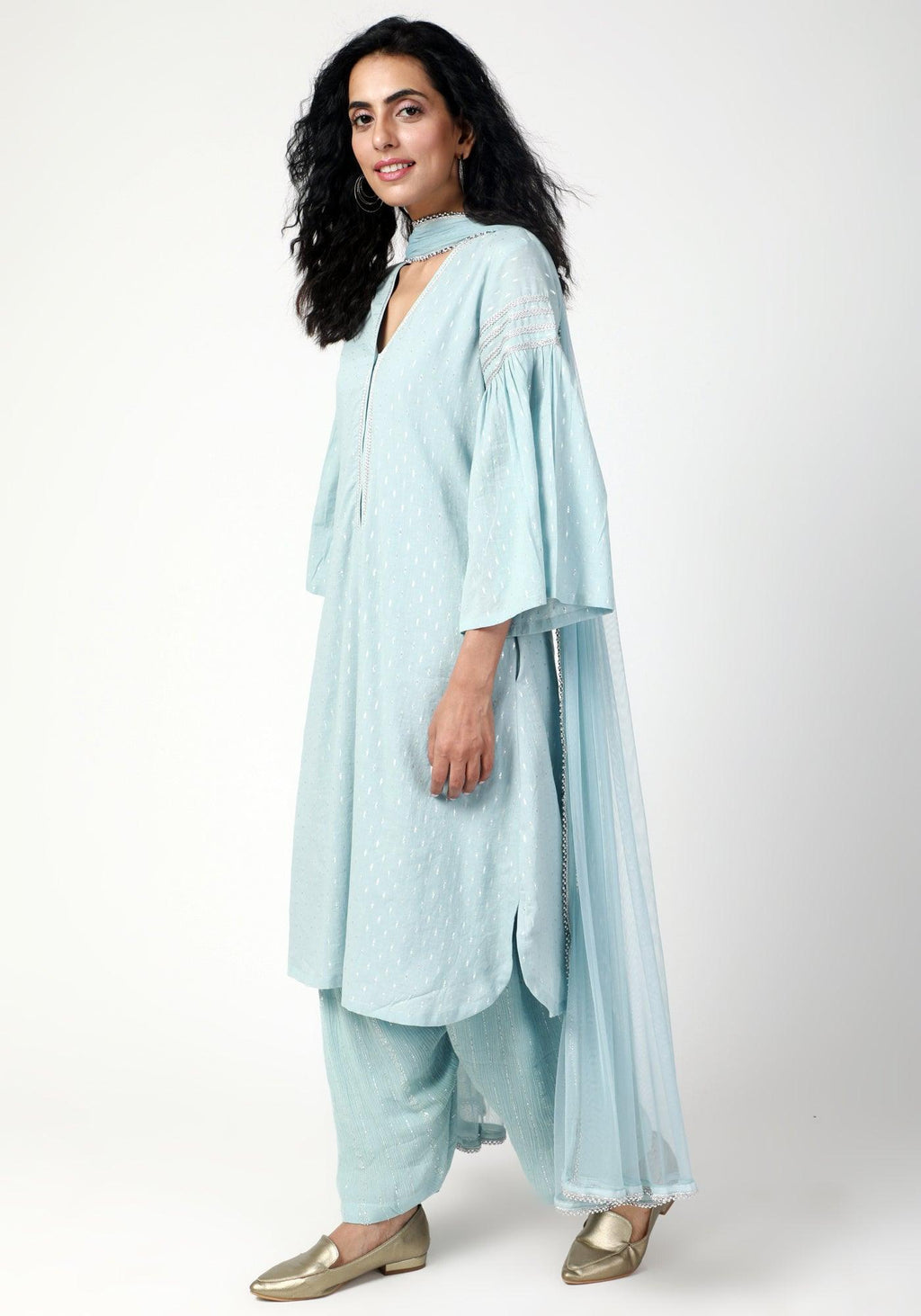 trueBrowns Blue Silver Laced Kurta- Ruffled Pant-Dupatta - Distacart