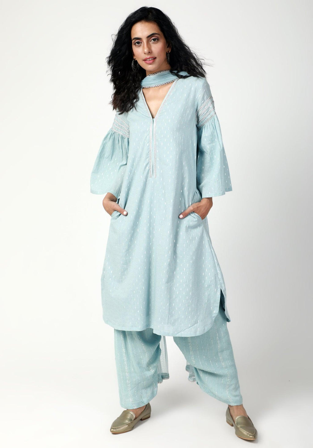 trueBrowns Blue Silver Laced Kurta- Ruffled Pant-Dupatta - Distacart