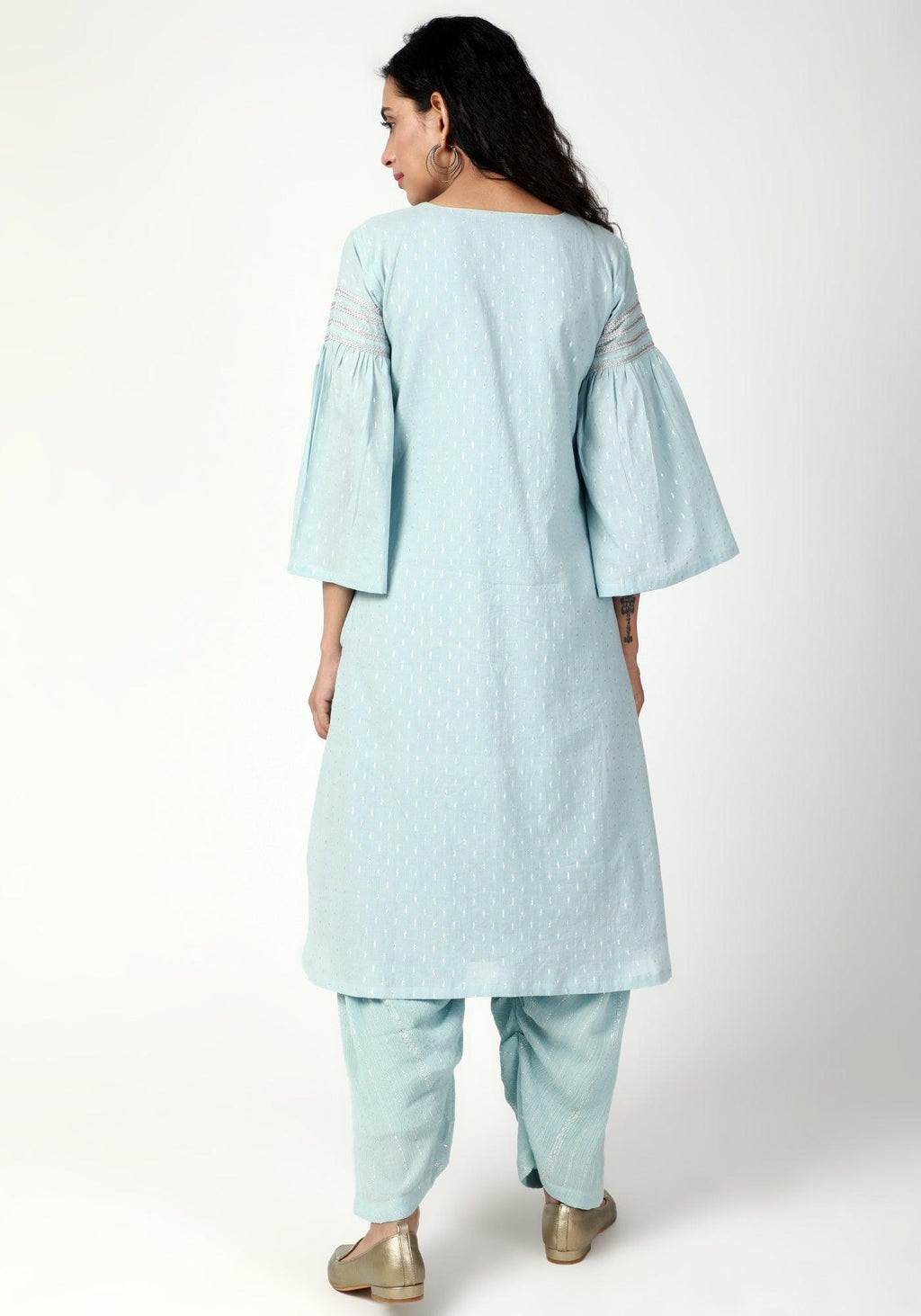 trueBrowns Blue Silver Laced Kurta- Ruffled Pant-Dupatta - Distacart